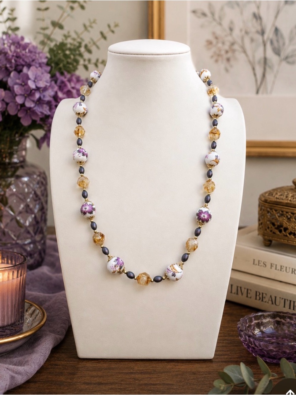 ARTISAN Citrine Gemstone, Czech Glass, & Painted Floral Ceramic Beaded Necklace